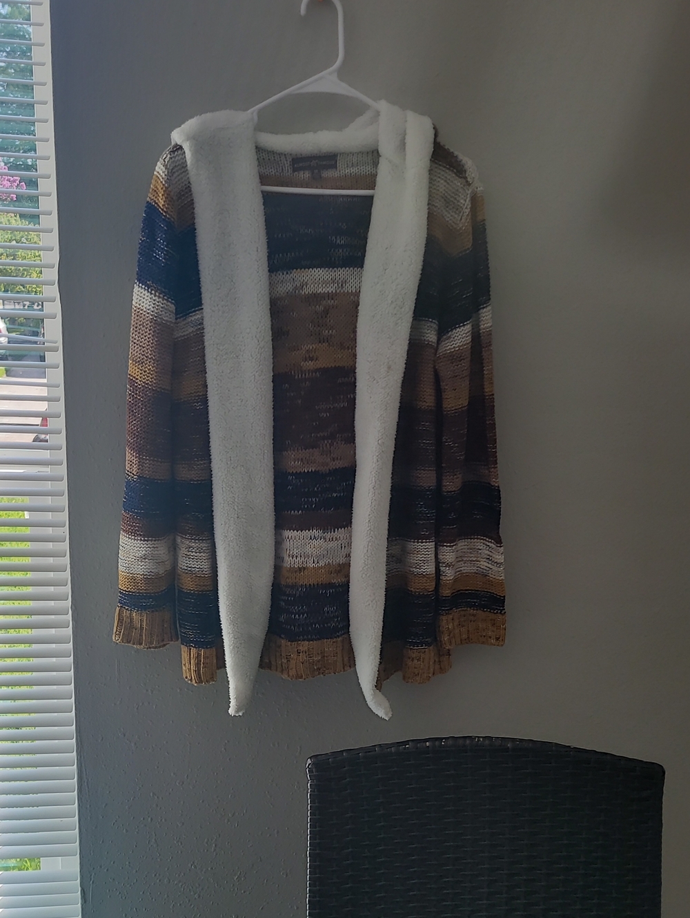 Almost Famous Striped Hooded Cardigan in Blue, Brown & Cream
